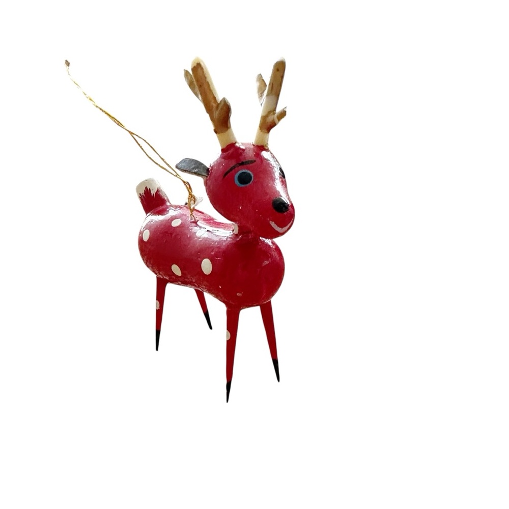 Vintage Folk Art Spotted Reindeer Wooden Christmas Ornament